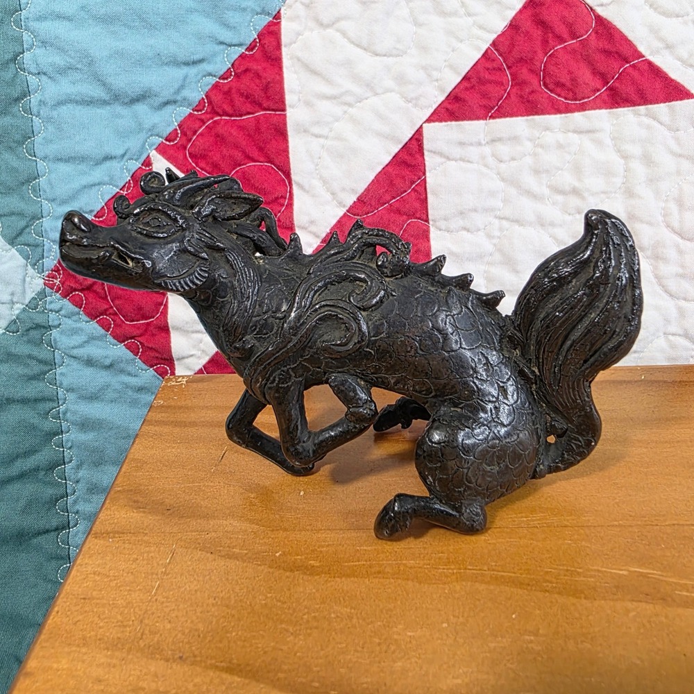 Vintage Chinese Kirin Qilin Dragon Figurine Black Cast Metal Mythical Beast